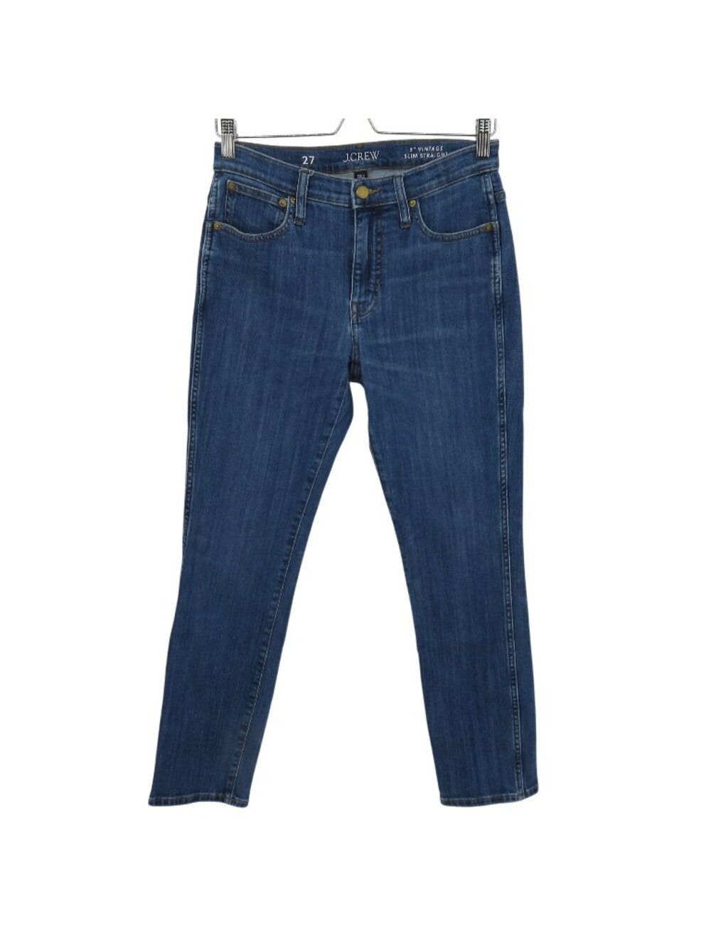 J Crew Women 27 9in Rise Vintage Slim Straight Blue Denim Jeans Pockets Cotton